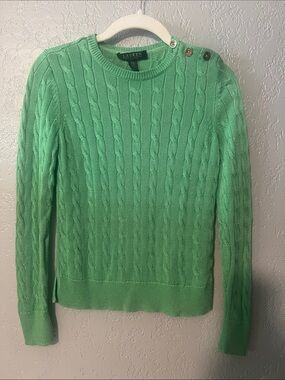 Lauren Ralph Lauren Mint Green Cable-Knit Crewneck Sweater with Shoulder Buttons